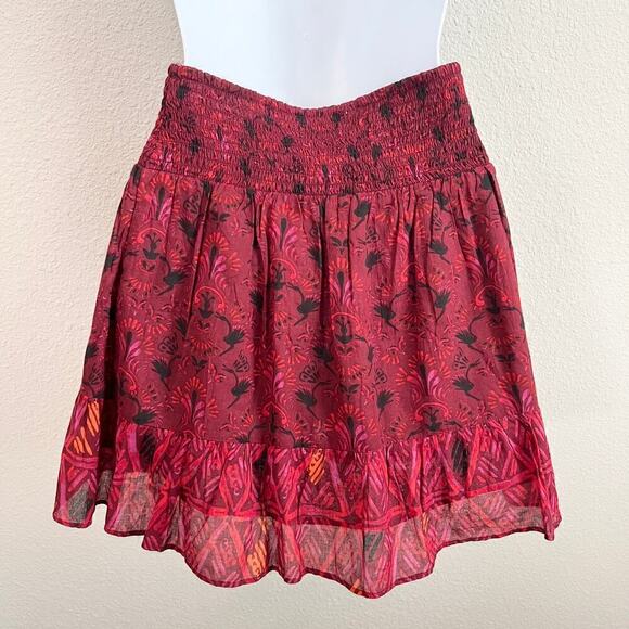 Free People Riviera Mini Skirt Women's S Red Boho Pop Combo Smocked Waist Ruffle - Picture 4 of 6